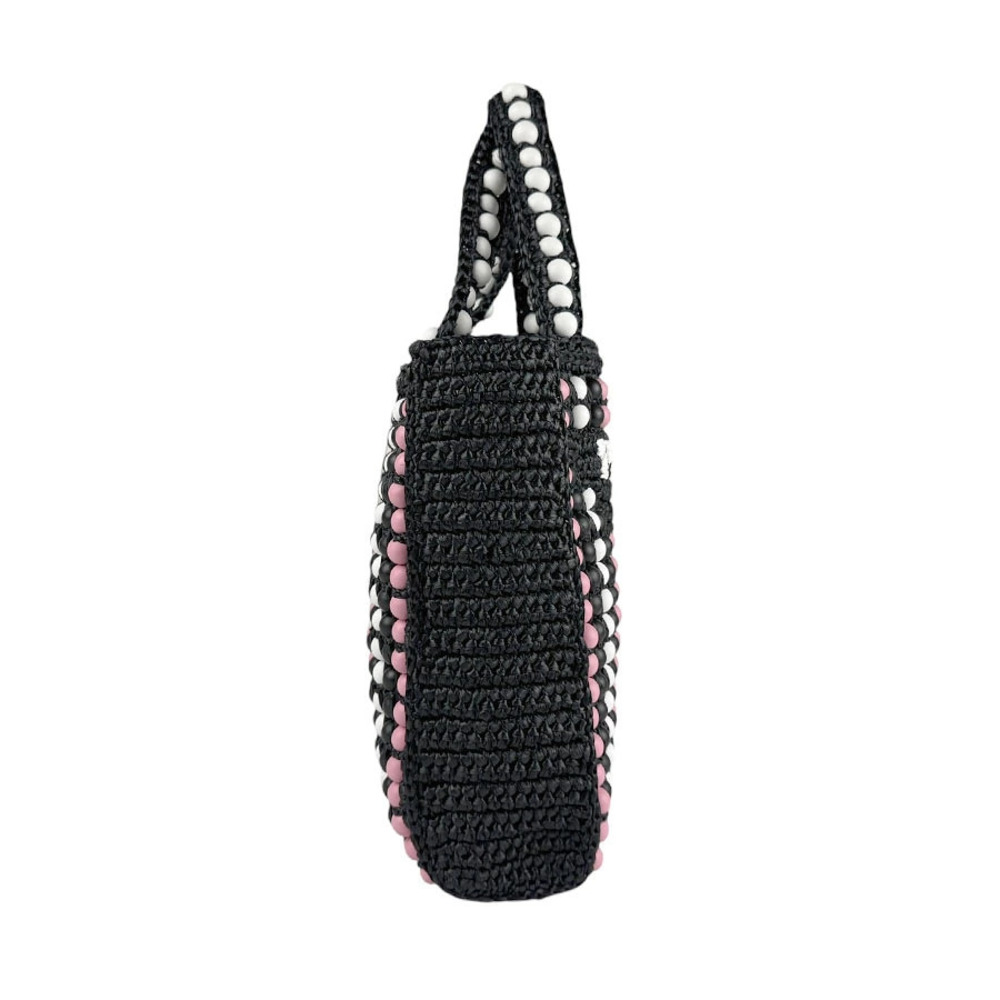 Prada pink white tote handbag wood bag raffia black